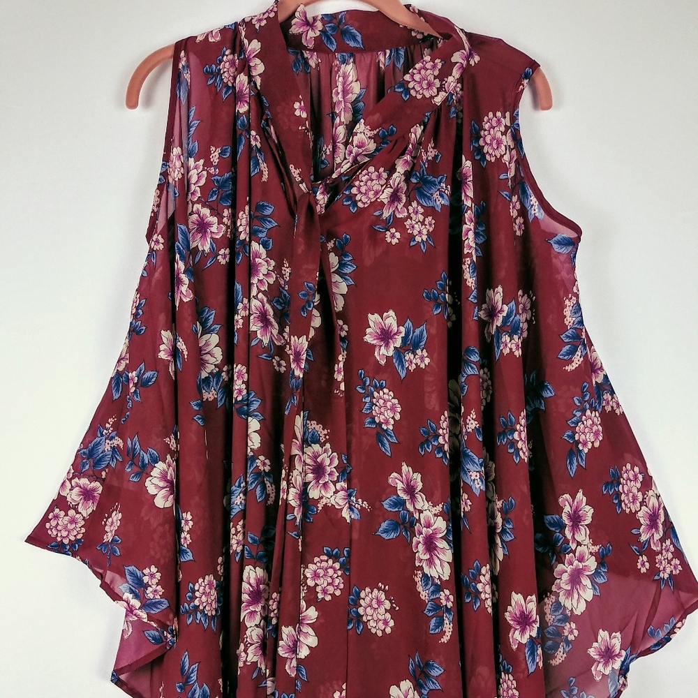 Ups & Downs Burgundy Floral Kimono Style Top-Sz 3X